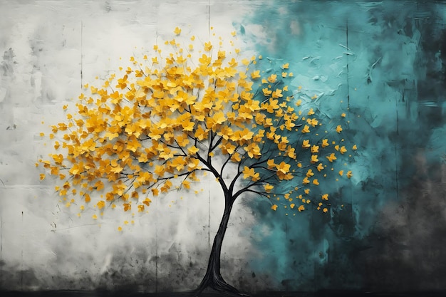 木、黄色の葉、青い背景、勝者、壁、人生、悲劇、心、金属、二重性をつなぐ