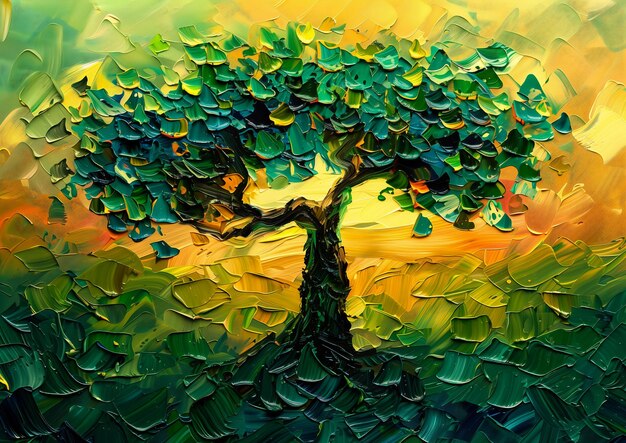 Foto sfondo albero cielo giallo impasto pennellate intense vernice a olio verde topiario stand cavalletto