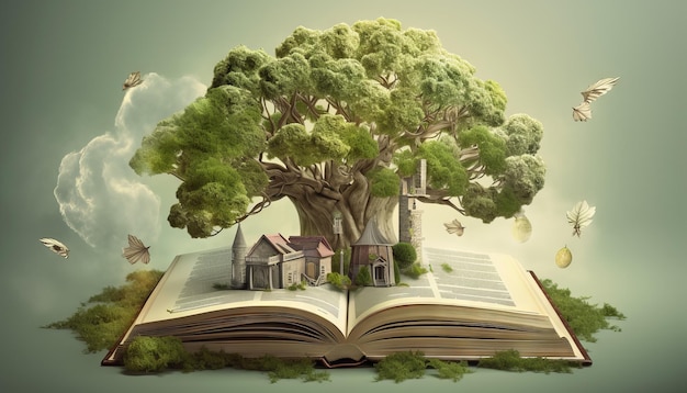 A treehouse built around a giant book Generative ai