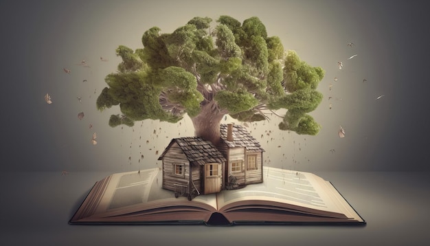 A treehouse built around a giant book Generative ai