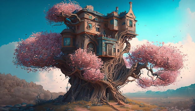 Treehouse on a mountain, with blossom tree. Generative AI.