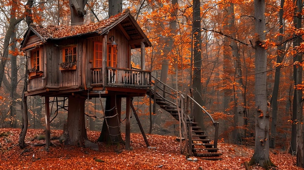 Foto una casa sull'albero annidata nel bosco è un luogo magico dove i bambini possono giocare ed esplorare la loro immaginazione