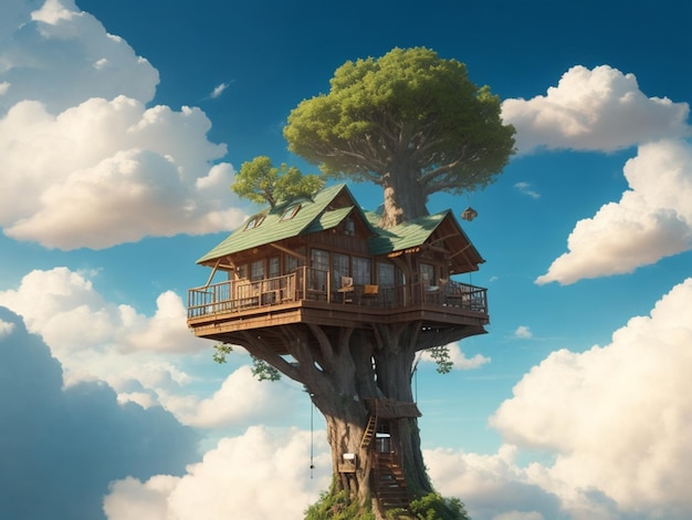 晴れた日に雲の中に建つツリーハウスは超現実的