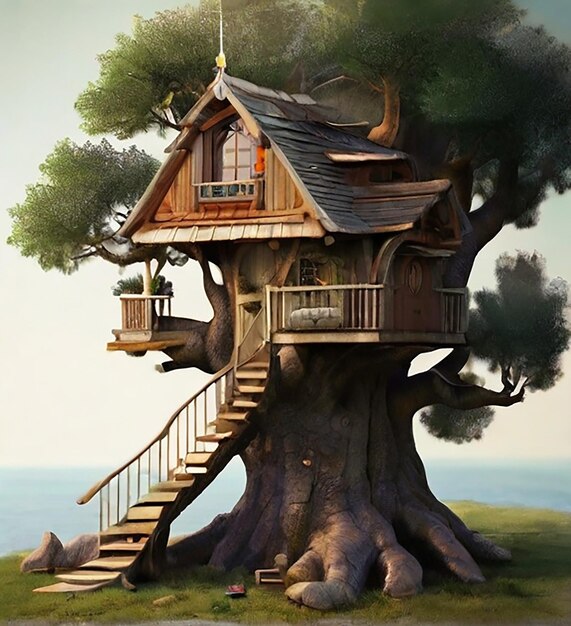 a treehouse that has a tree on it