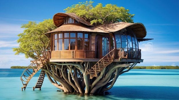 A treehouse that is made of tree trunks