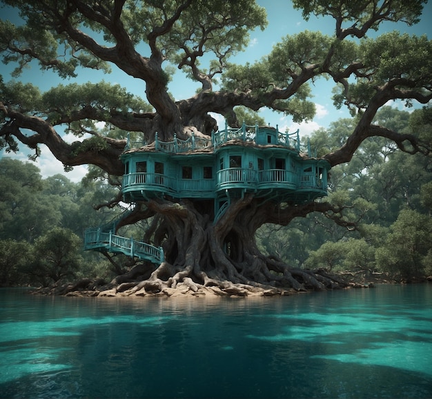 деревянный дом, который находится на дереве в лесу