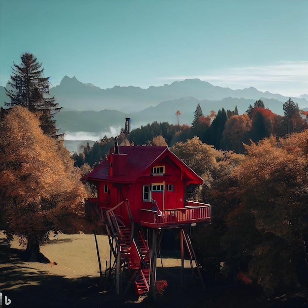 Treehouse with mountain flying bird illustration