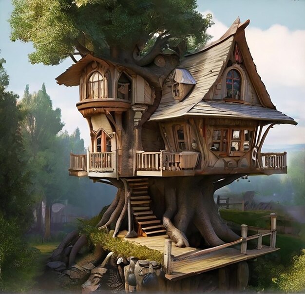 a treehouse with a tree on the top and a wooden fence around it