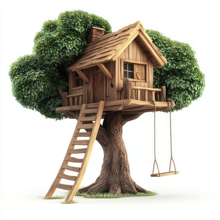 Photo treehouse with a wooden ladder and rope swing vector style art 3d illustration isolated on white background v 61 job id 41fcc79e8f3744fc984334bacadb9bb4