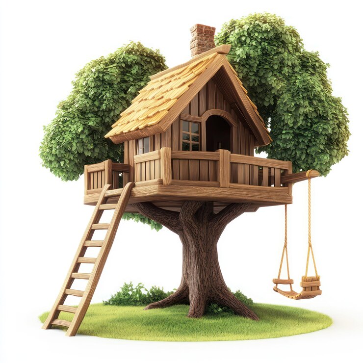 Photo treehouse with a wooden ladder and rope swing vector style art 3d illustration isolated on white background v 61 job id f2d1a7c6145f4199994ca6ac0eaf2f35