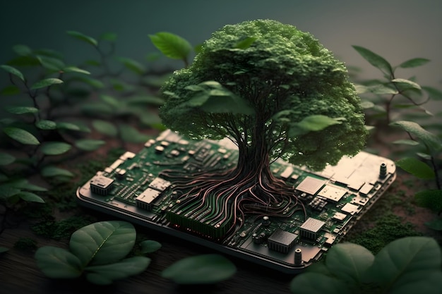 trees are growing on circuit board technology innovation ai generated