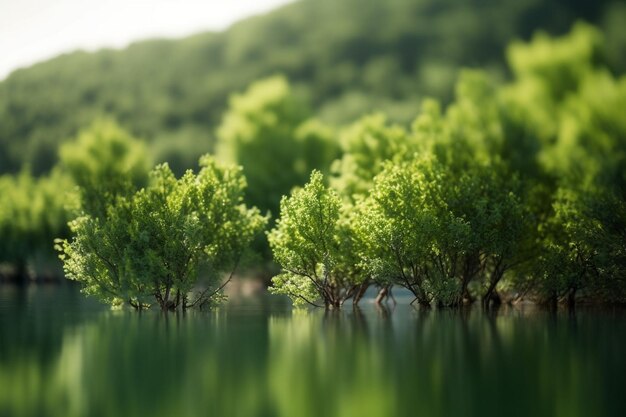 写真 山脈の近くの水の中に木が育つ