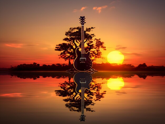 Trees arranged in a shape of a guitar on a sunset background