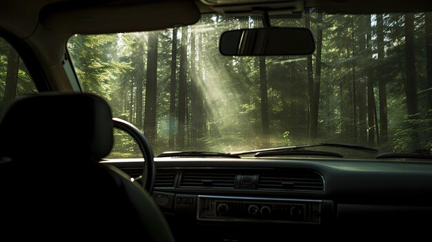 Trees blurred interior of car