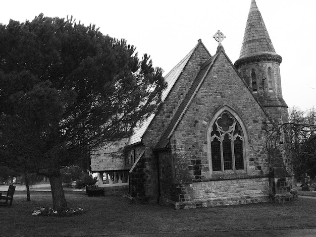 Trees by the church against clear sky