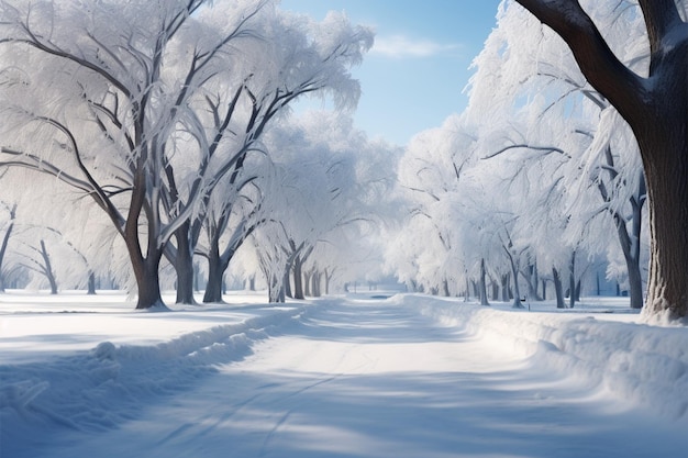 Trees in a city park weighted with ice leaving room for text