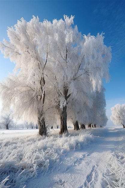 Trees covered in snow and frost on a sunny day generative ai