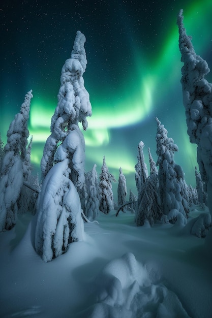 Trees covered in snow with northern lights in the sky arctic landscape