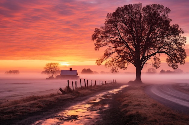 Foto alberi su una strada nebbiosa con un fienile in lontananza generativo ai