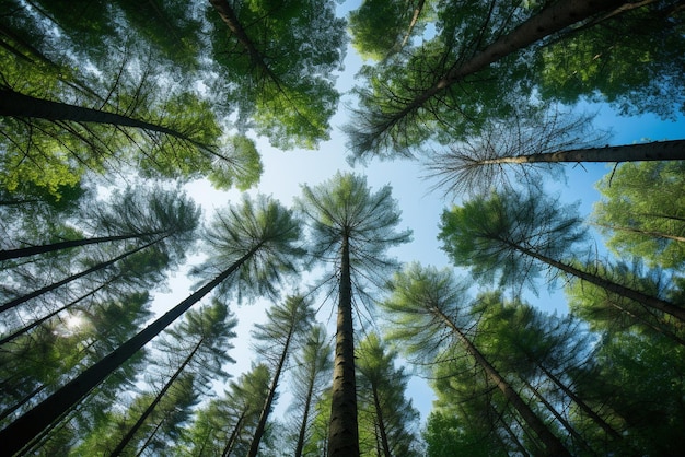 Foto alberi nella foresta da sotto le cime verdi degli alberi