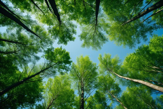 Photo trees in forest from below green tops of trees