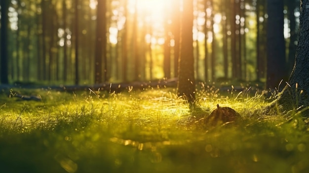 Trees in a forest a mysterious wooded glade bokeh lens flares and camera blur in sunlight GENERATE AI