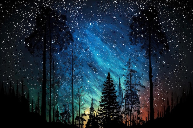 Trees in forest in nebula on starfall night