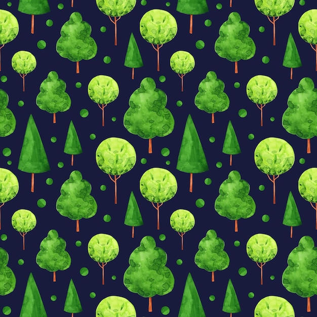 Trees, forest, park seamless pattern. Woodland watercolor repeat print. Cartoon trees on blue background for kids, wallpaper, textile, wrapping paper, decoration.