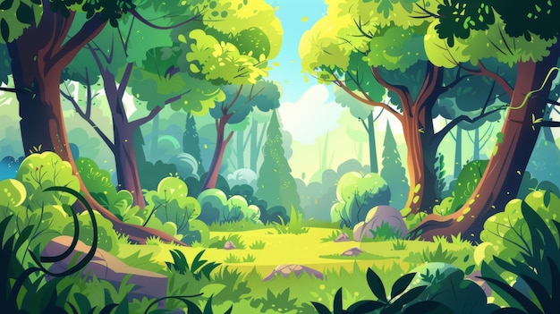 Trees and green grass on a sunny glade in summer Modern cartoon illustration of deep woods nature park or garden scene with green plants bushes and stones