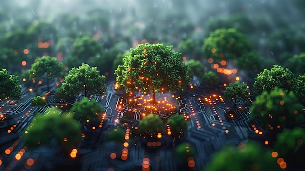 Photo trees grow on circuit board background futuristic cyberspace concept