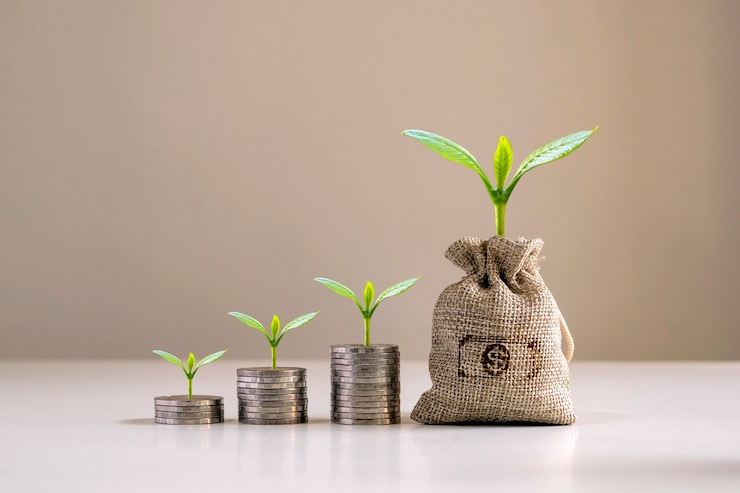 Photo trees grow from bags of money and trees grow on piles of money. financial thinking
