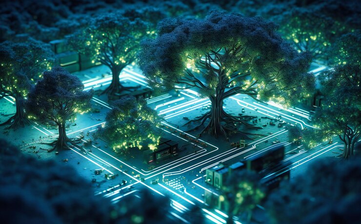 Photo trees growing on an electronic circuit board