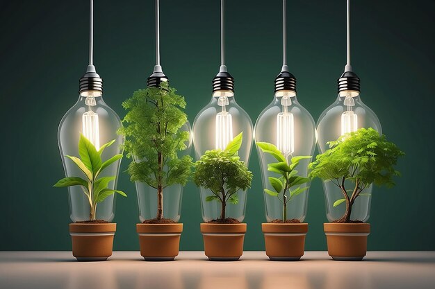 Trees growing in energysaving lamps ecofriendly and sustainable energy alternative concept