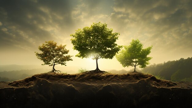 Деревья на холме с солнцем, сияющим сквозь облака, генеративный ИИ
