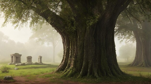 写真 前景の石の記念碑がある霧の森の木