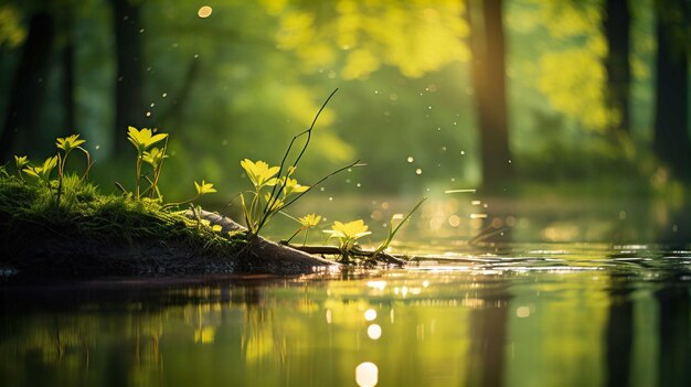 写真 森の木は新鮮で緑色で 水は黄色で 光は黄色です 朝の太陽は人工知能を生み出します