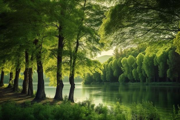 森の中の川の岸に木が並んでいます