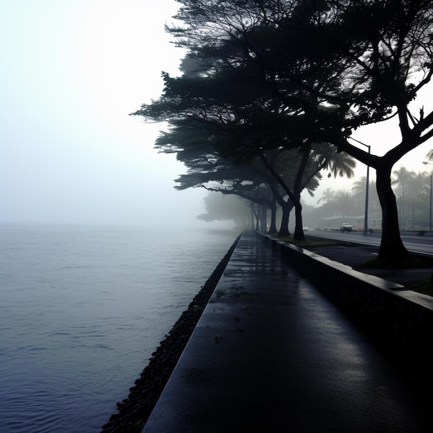 trees line the edge of a walkway near the water generative ai