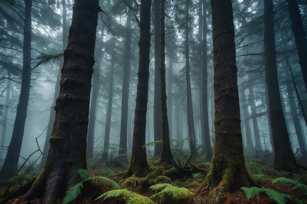 Photo trees in a misty ancient forest