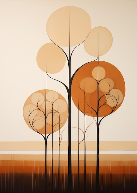 Trees orange white circles wooden walls brass panels sleek flowing shapes neo browns stands easel