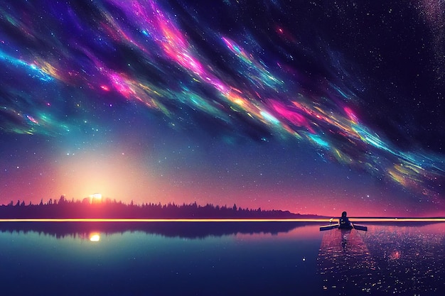 trees reflecting in a peaceful lake under a beautiful starry sky at night