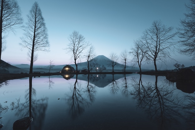 trees reflections in river and fuji mountain background fumotoppara fujinomiya Shizuoka