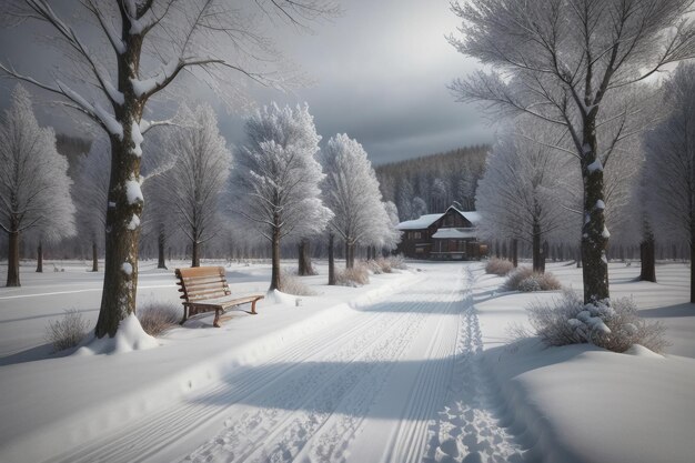 Trees and road covered with snow in cold winter Trees and thick snow on the ground