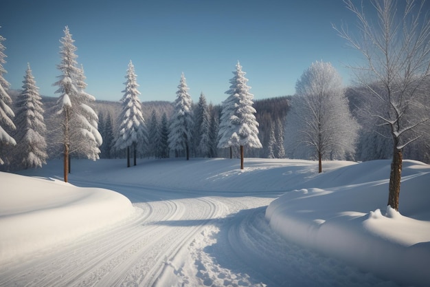 Trees and road covered with snow in cold winter trees and thick snow on the ground