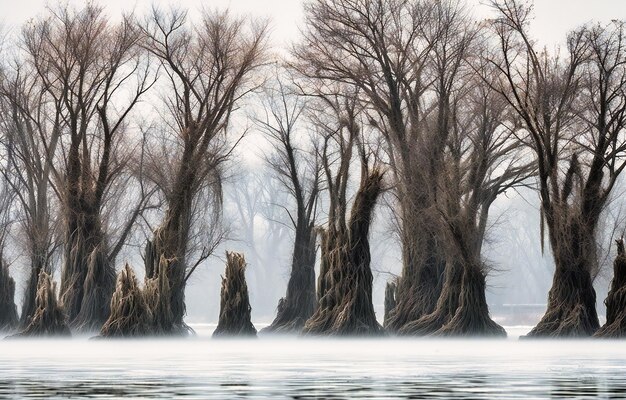 trees in the snow on a frozen river