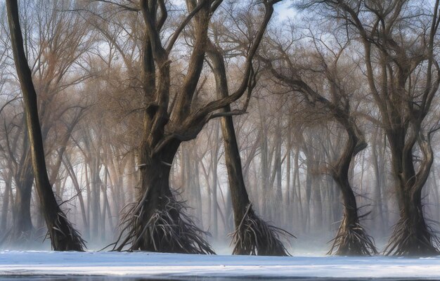 trees in the snow on a frozen river