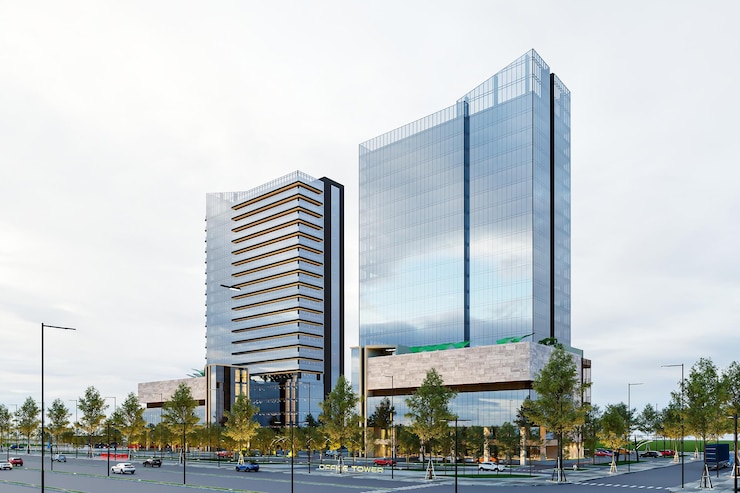 Photo trees surround the corporate buildings and cars are parked on the street