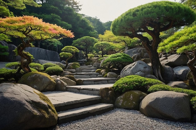 Trees in a tranquil Japanese rock garden