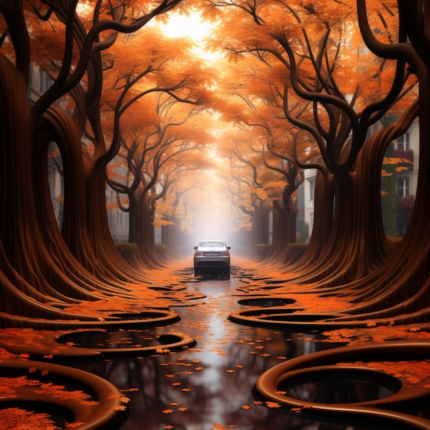 Photo trees with orange leaves and a car driving down a street generative ai