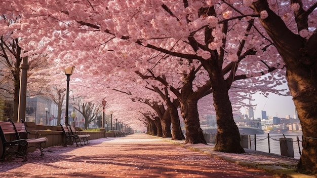 Trees with pink flowers line a path next to a river generative ai